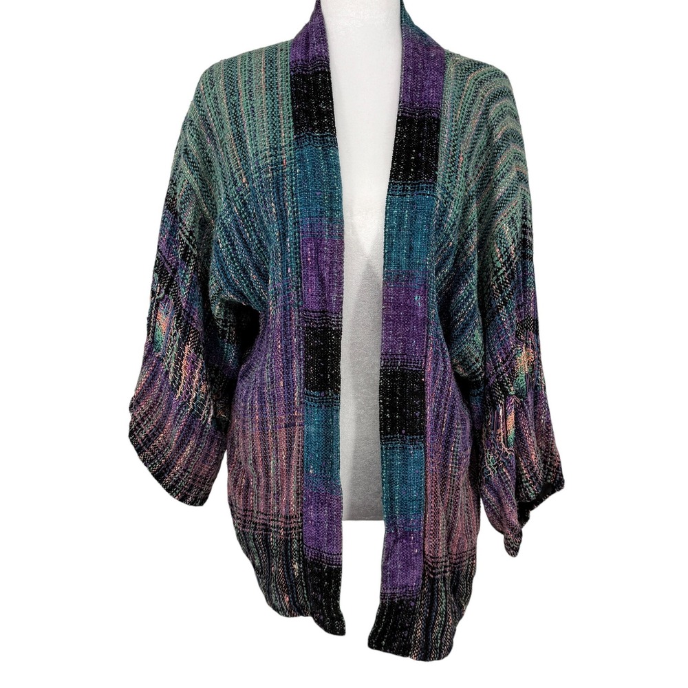 Lynn Yarrington Woven Fiber Chenille Art to Wear Open Cardigan Kimono Jacket L